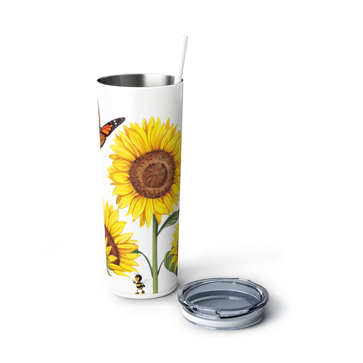 Daisies, Bees and Butterflies, Skinny Steel Tumbler with Straw, 20oz