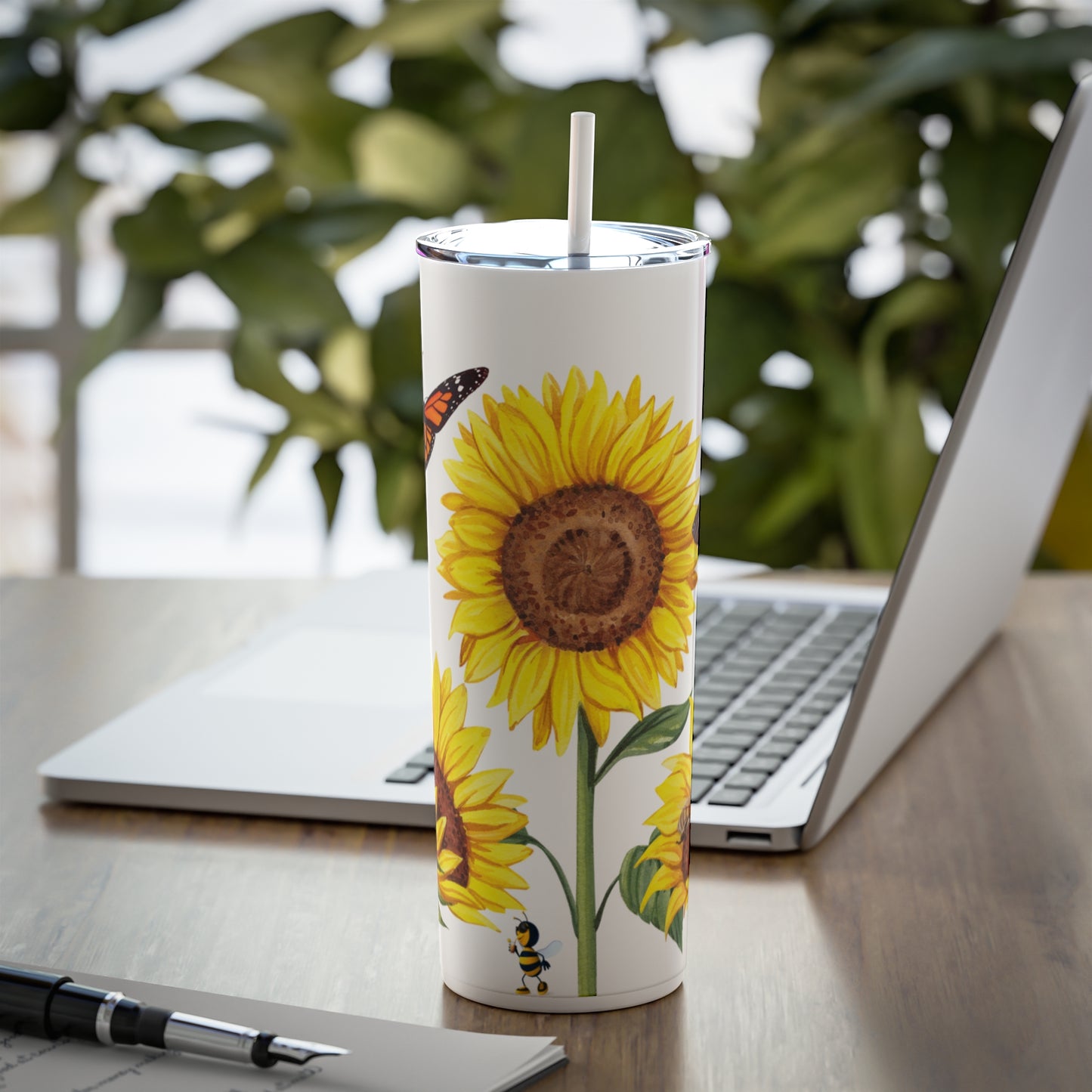 Daisies, Bees and Butterflies, Skinny Steel Tumbler with Straw, 20oz