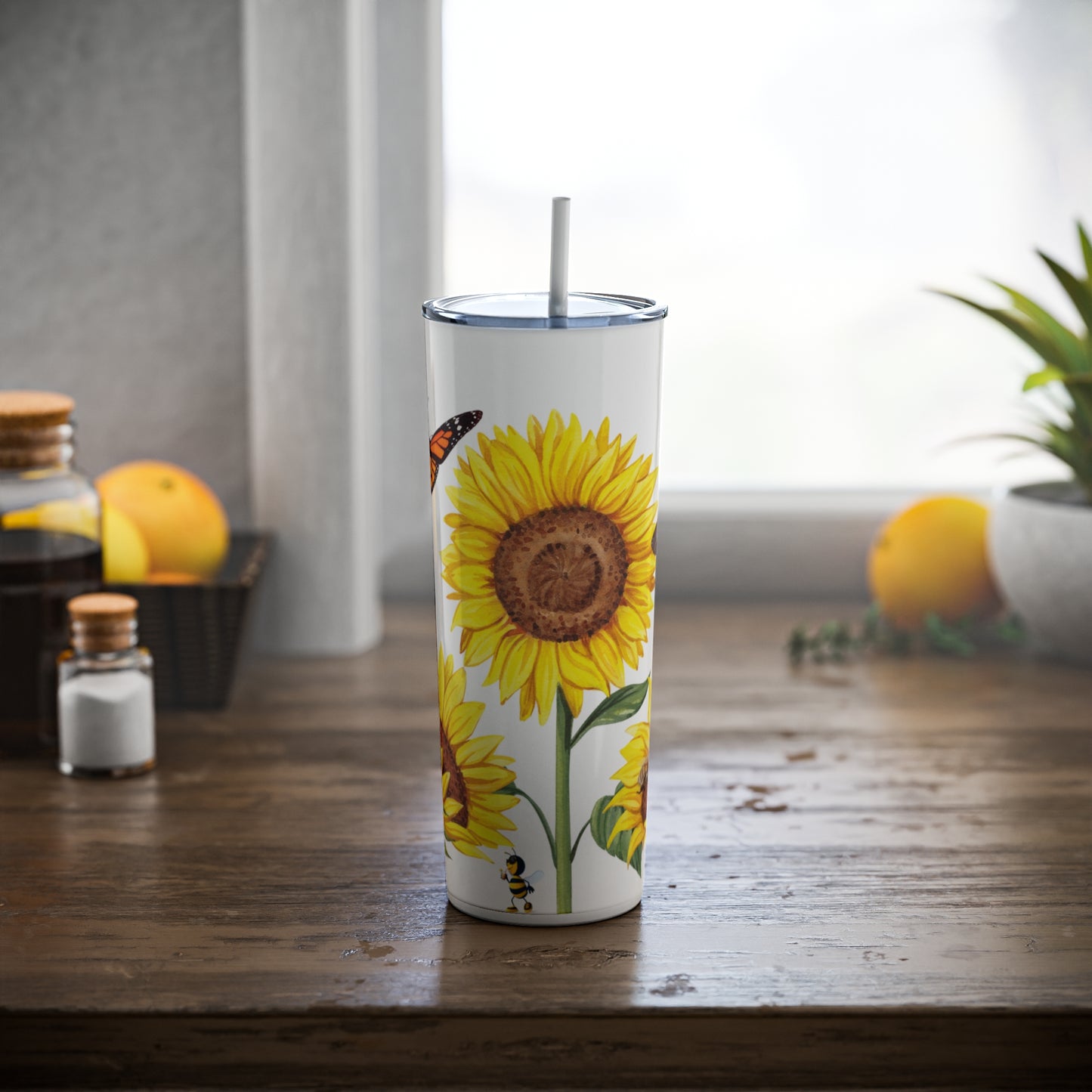 Daisies, Bees and Butterflies, Skinny Steel Tumbler with Straw, 20oz